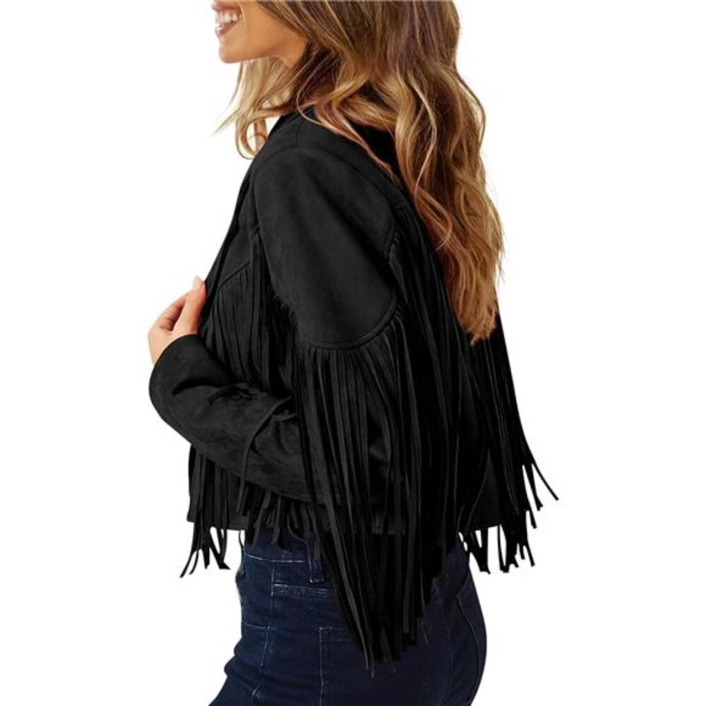 Women's Fringe Faux Suede Leather Jacket Tassel Cropped Coat - Picture 5 of 7